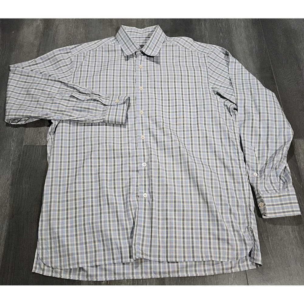 Ermenegildo Zegna Button Up Shirt Men L Blue Check Preppy Designer Long‎ Sleeve